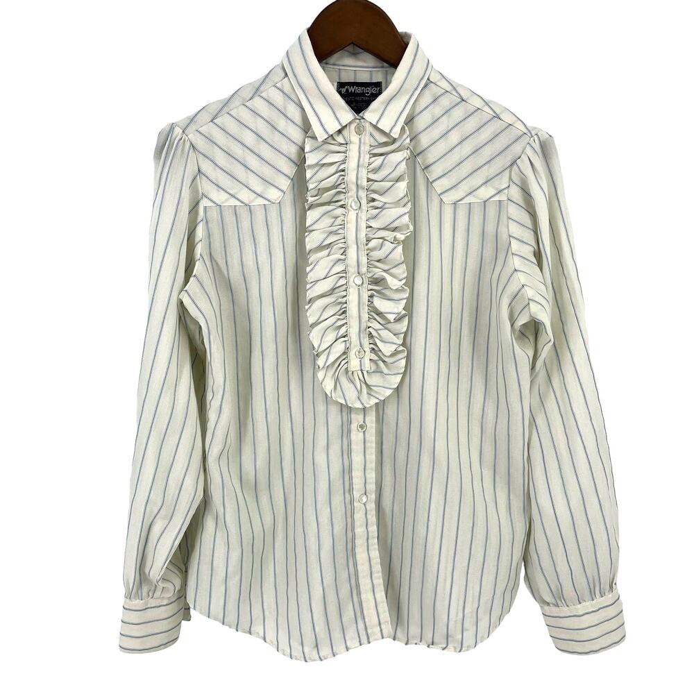 Vintage Wrangler Ruffle Frame Shirt Womens Size 12 White Blue Stripe Cowgirl